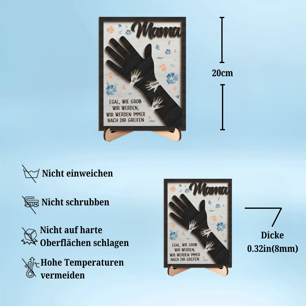 Personalisierte Holztafel mit Hände für Mama und Oma
