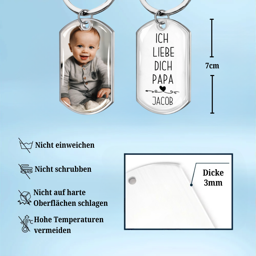 Ich liebe dich Papa/Mama - Foto Schlüsselanhänger mit Gravur Edelstahl-Schlüsselanhänger mit Expoxidharz