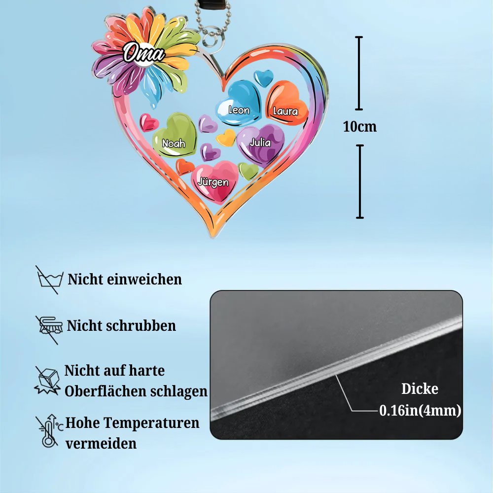 Bunte Herzen-Personalisierter Autoanhänger aus Acryl für Oma und Mama