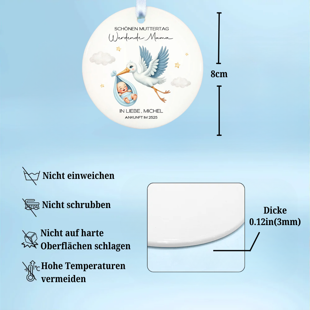 Süßer Storch & Baby – Geschenk für werdende Mamas, personalisierter Keramik-Anhänger