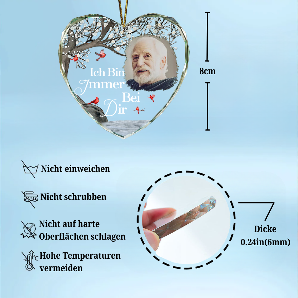 Personalisierter Glasanhänger in Herzform mit Foto Trauergeschenk
