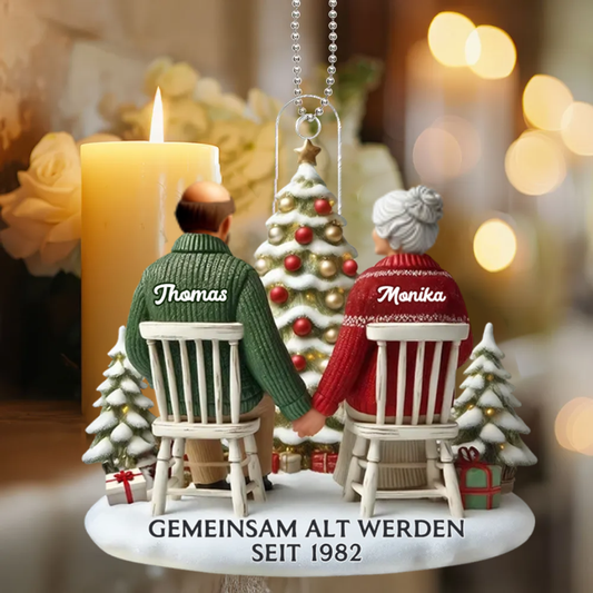 Flacher Acryl-Christbaumanhänger – „Altes Ehepaar“ mit Namen personalisiert