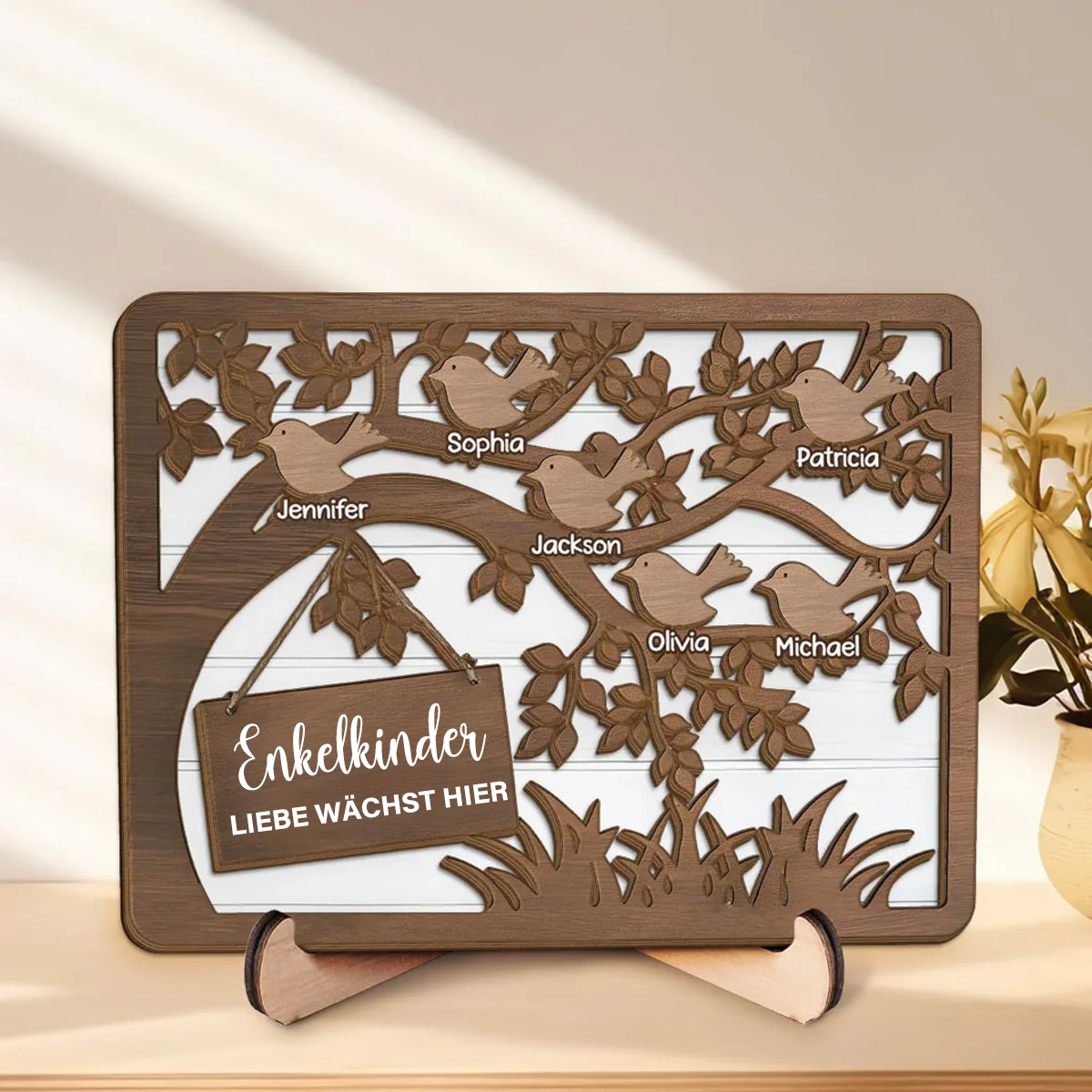 Baum und Vögel-Holzplakette mit 1-10 Namen personalisiert Geschenk für Oma