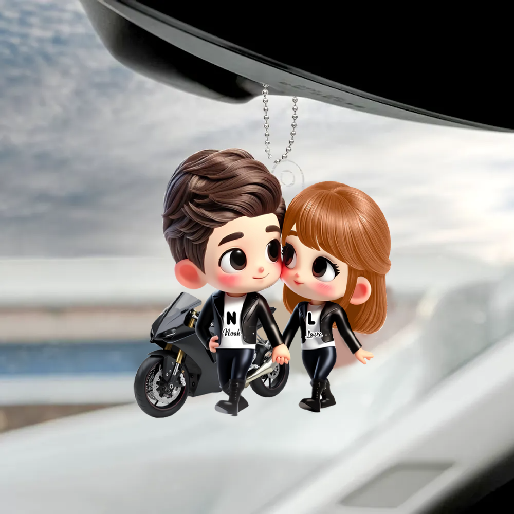 Cartoon-Paar mit Motorrad Autoanhänger aus Acryl Geschenk für Paar