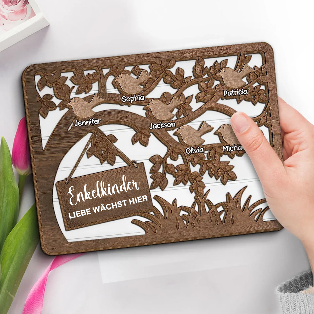 Baum und Vögel-Holzplakette mit 1-10 Namen personalisiert Geschenk für Oma