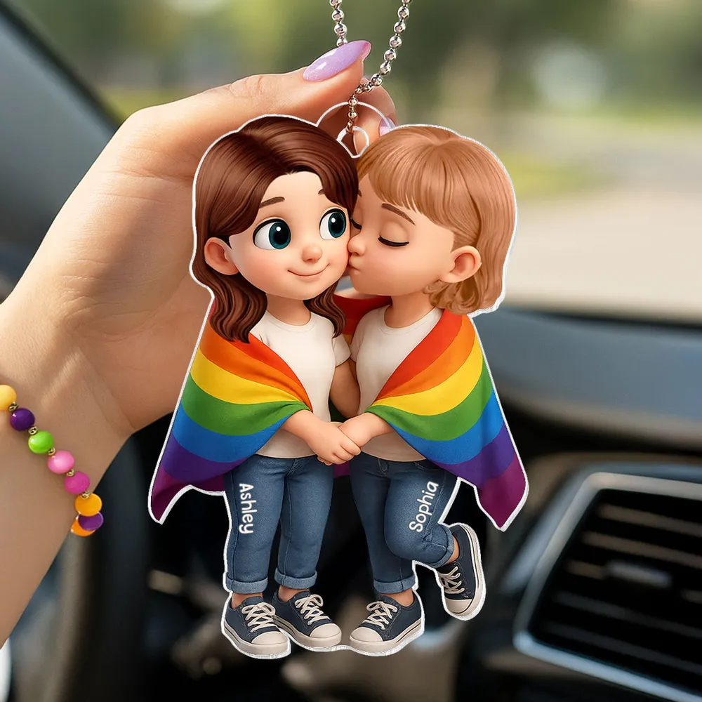 Paar mit Regenbogendecke-Personalisierter Autoanhänger aus Acryl Geschenk für LGB-Paare