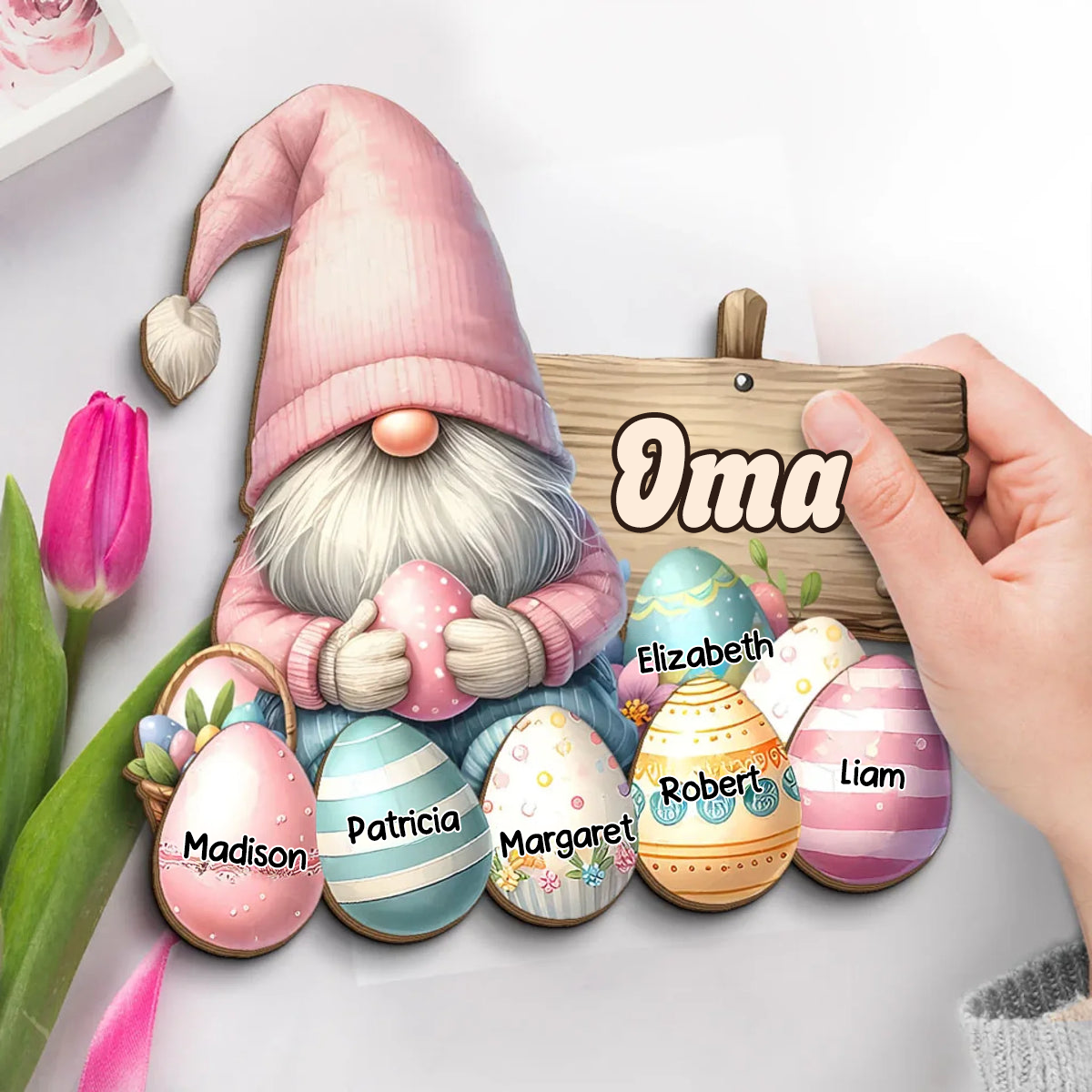 Personalisierte Holztafel mit Zwerge und Ostereier Geschenk zu Ostern für Oma