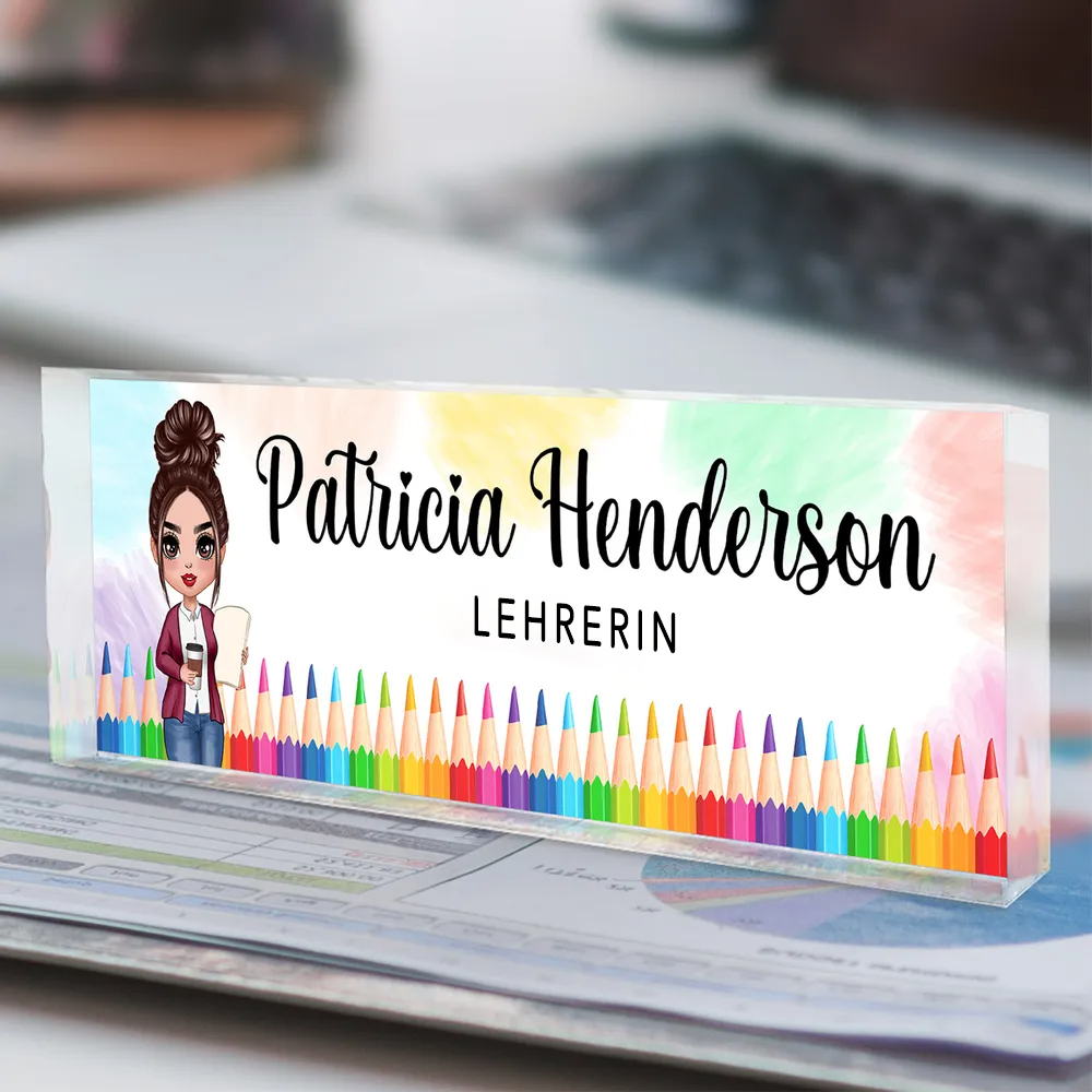 Personalisierte Acryl-Namensplatte – Für Lehrerinnen mit Farbstiftmotiven