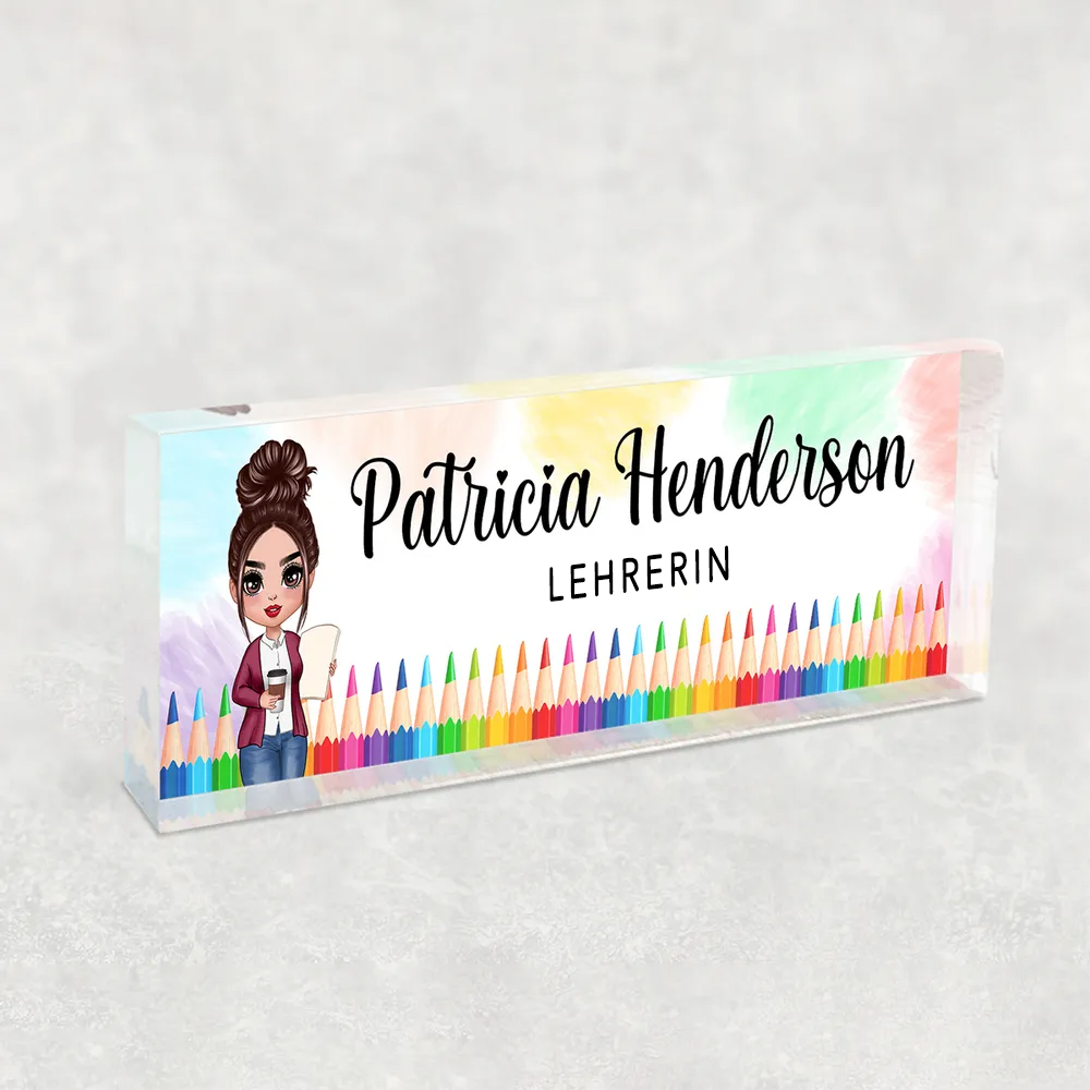 Personalisierte Acryl-Namensplatte – Für Lehrerinnen mit Farbstiftmotiven