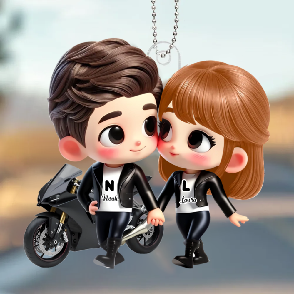Cartoon-Paar mit Motorrad Autoanhänger aus Acryl Geschenk für Paar
