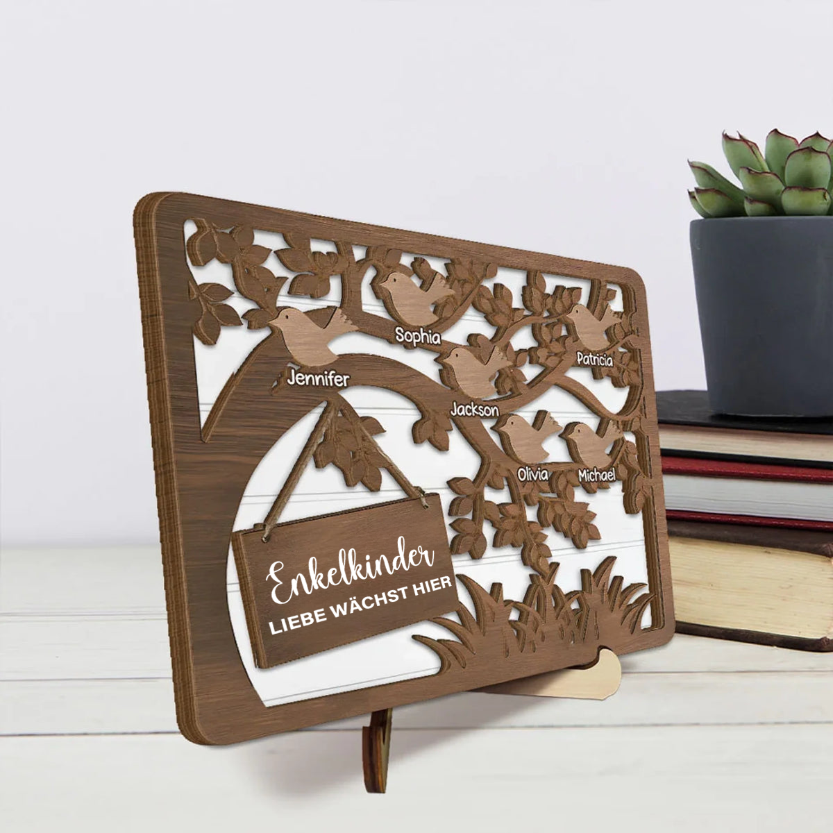 Baum und Vögel-Holzplakette mit 1-10 Namen personalisiert Geschenk für Oma