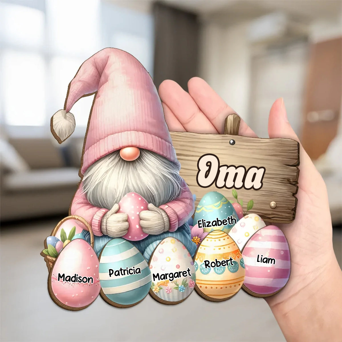 Personalisierte Holztafel mit Zwerge und Ostereier Geschenk zu Ostern für Oma