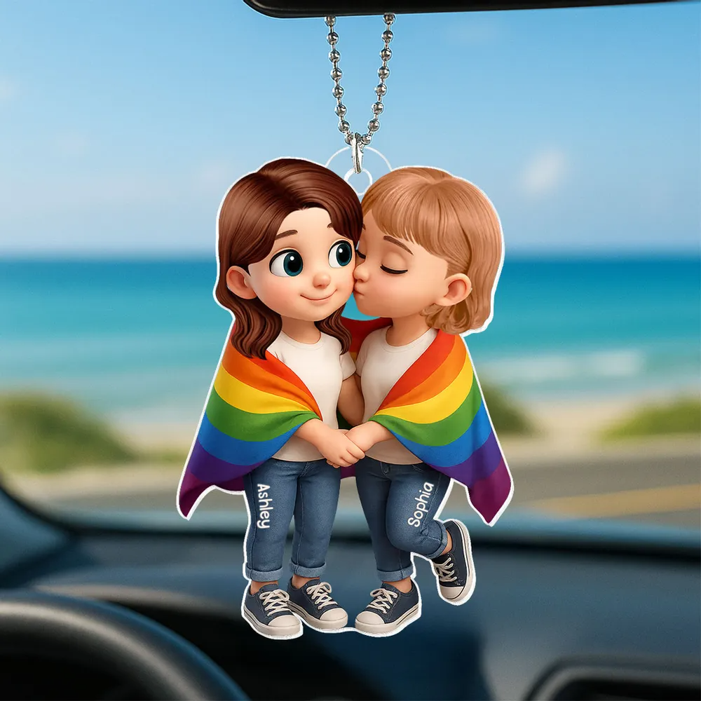 Paar mit Regenbogendecke-Personalisierter Autoanhänger aus Acryl Geschenk für LGB-Paare