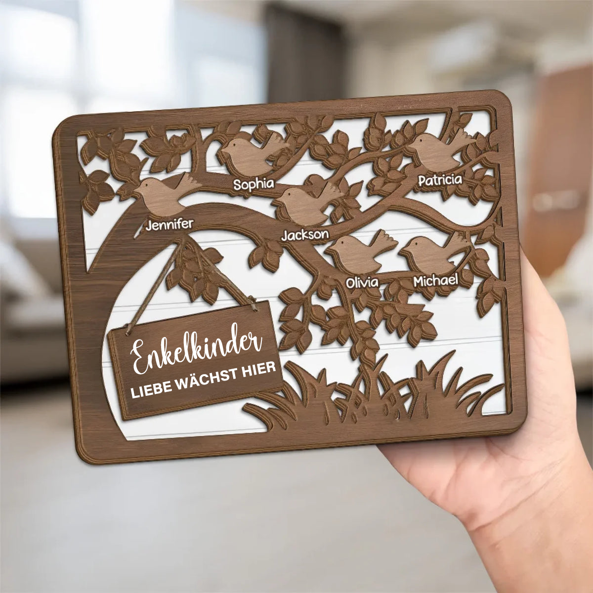 Baum und Vögel-Holzplakette mit 1-10 Namen personalisiert Geschenk für Oma