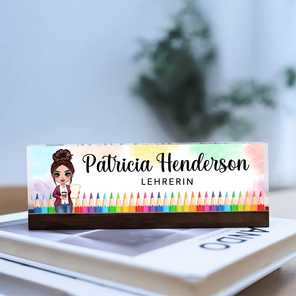 Personalisierte Acryl-Namensplatte – Für Lehrerinnen mit Farbstiftmotiven