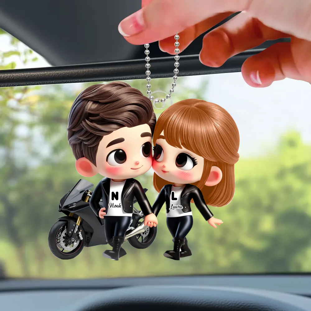 Cartoon-Paar mit Motorrad Autoanhänger aus Acryl Geschenk für Paar