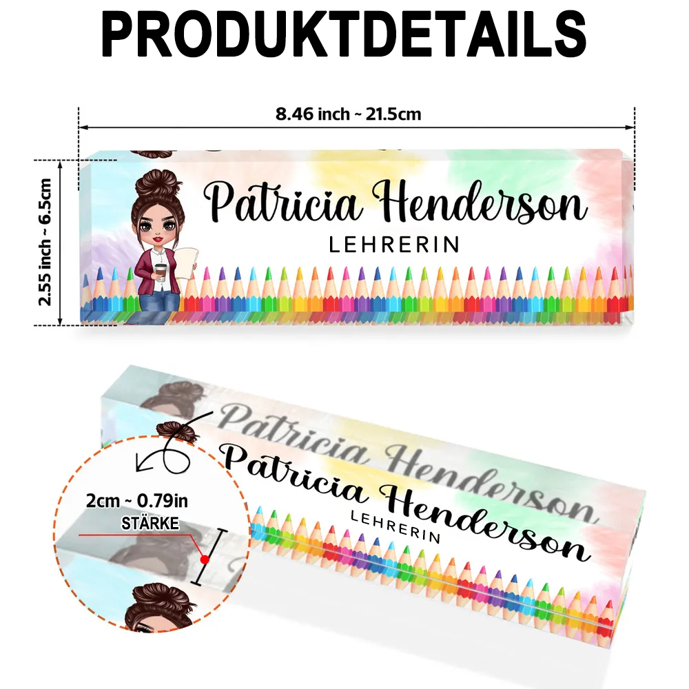 Personalisierte Acryl-Namensplatte – Für Lehrerinnen mit Farbstiftmotiven