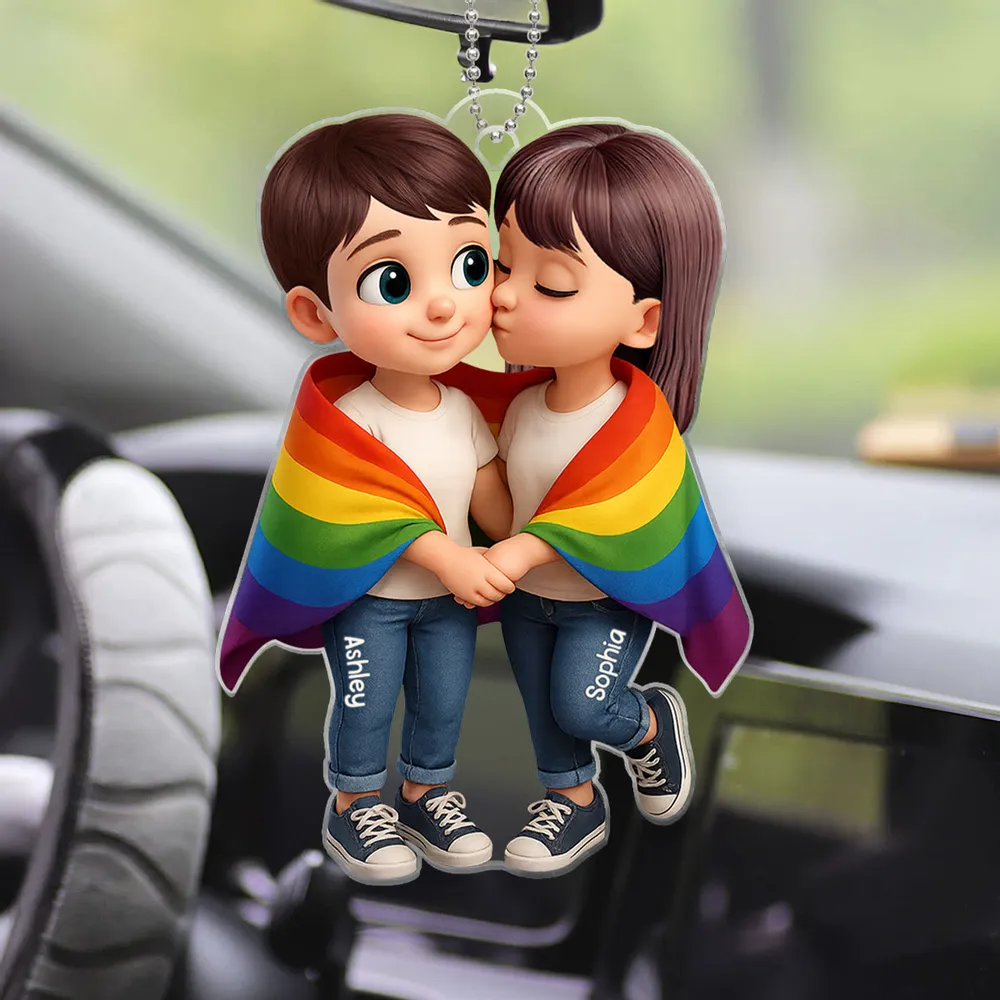 Paar mit Regenbogendecke-Personalisierter Autoanhänger aus Acryl Geschenk für LGB-Paare