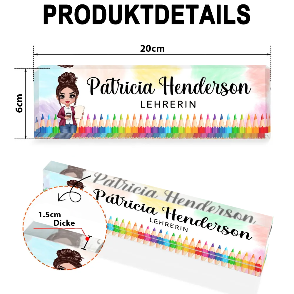 Personalisierte Acryl-Namensplatte – Für Lehrerinnen mit Farbstiftmotiven