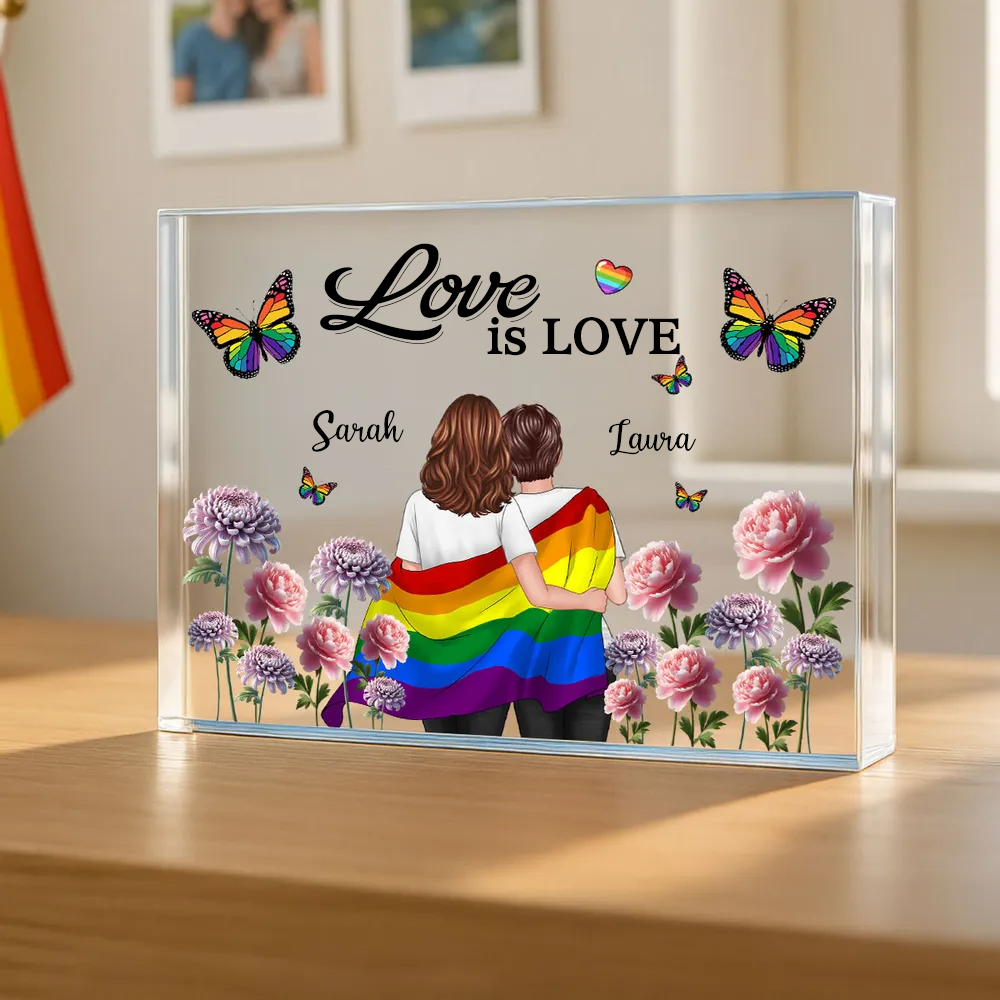 Personalisierte Acryltafel mit Regenbogenmotiv und 2 Figuren bedruckt Geschenk für LGBT Paare
