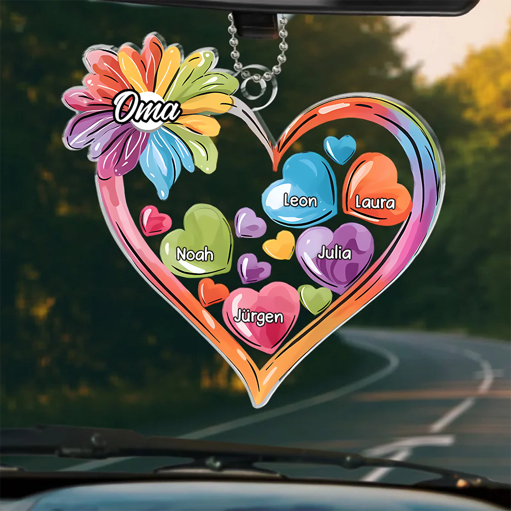 Bunte Herzen-Personalisierter Autoanhänger aus Acryl für Oma und Mama