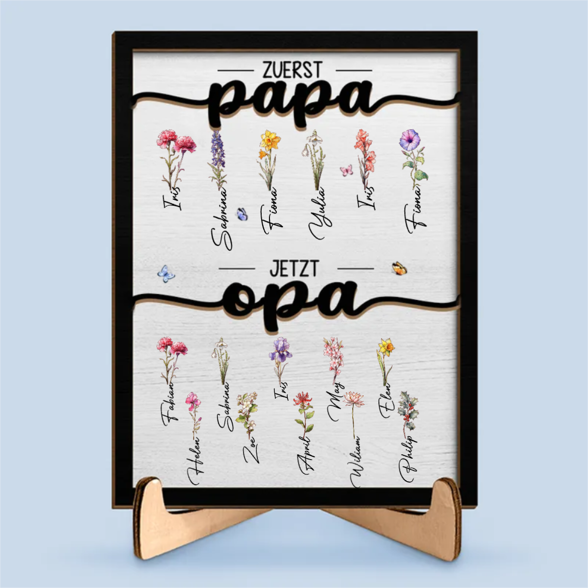 Personalisierte Holzplalkette mit Geburtsblumen Zuerst Papa Jetzt Opa