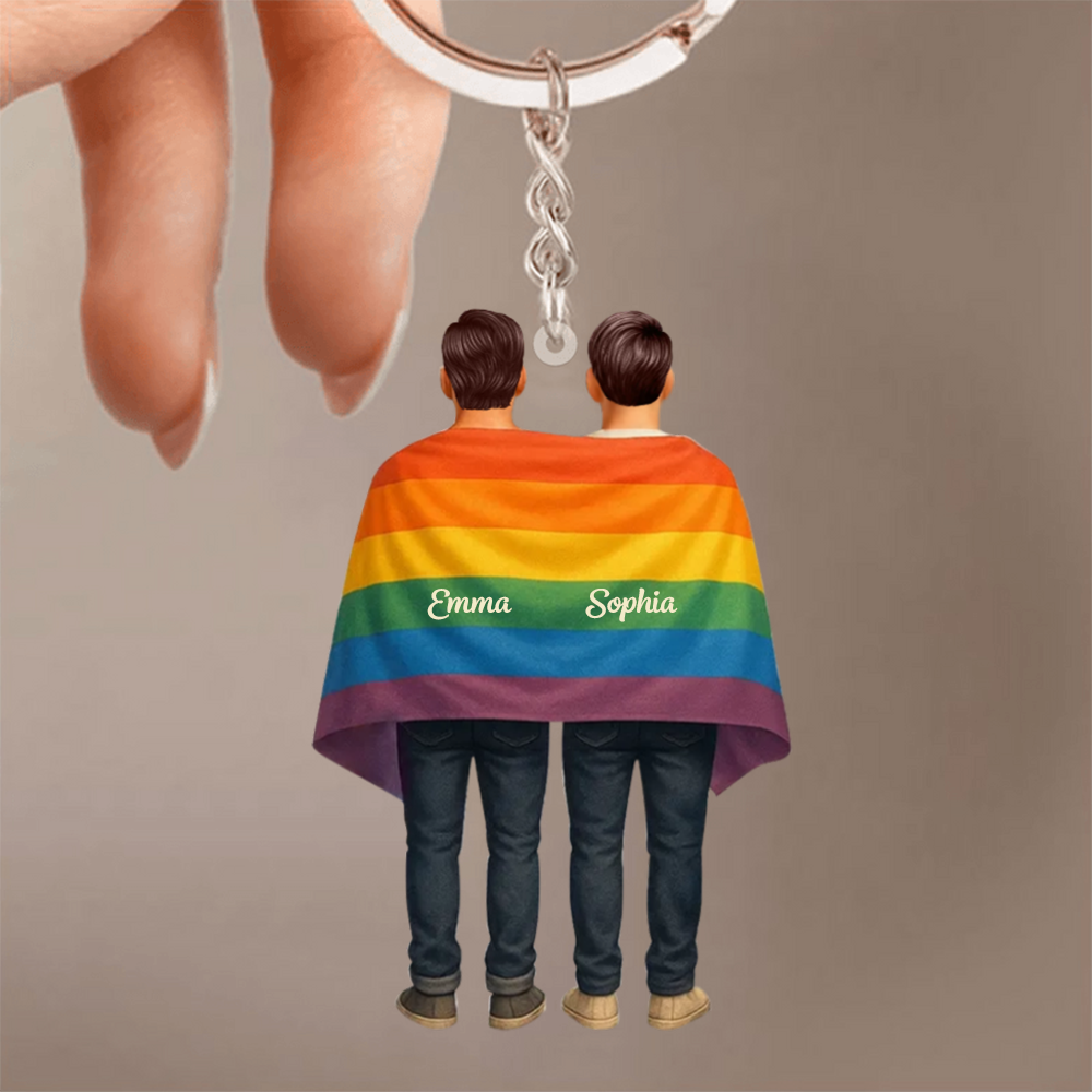 Regenbogenfahne-Personalisierter Schlüsselanhänger mit 2 Figuren für LGBT-Paar