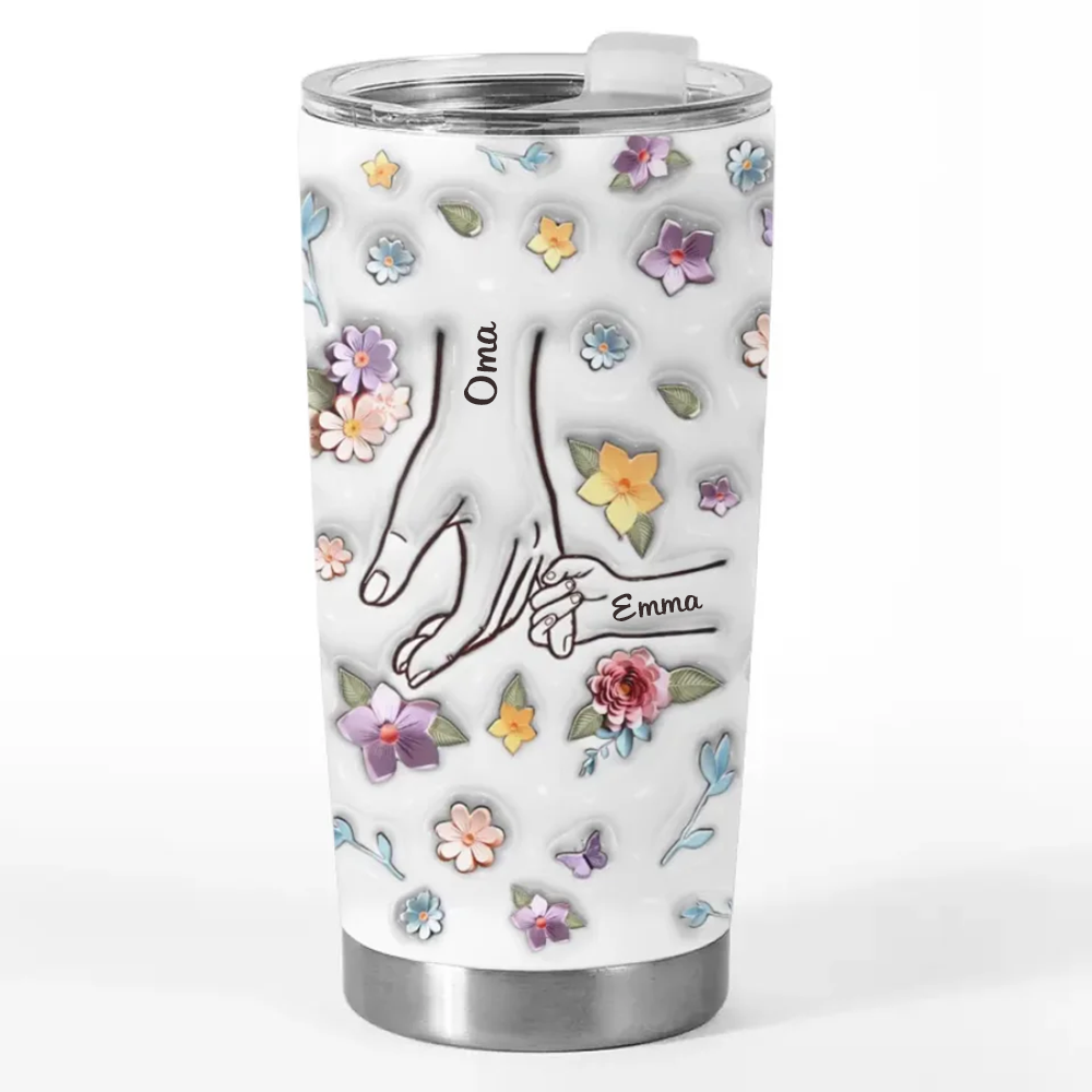 Hand in Hand-Personalisiertes Thermobecher mit Blumenmotiv Geschenk für Oma und Mama