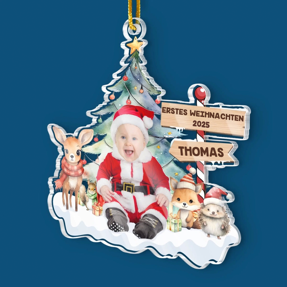Erstes Weihnachten für Baby Acryl-Foto-Ornament Christbaumanhänger mit Text und Name