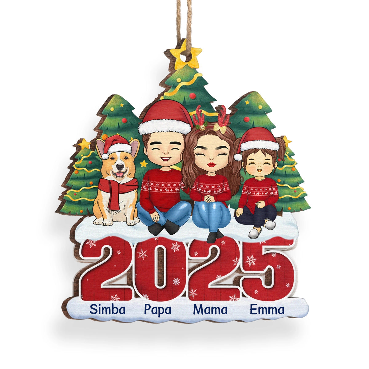 2025 Familie- Personalisierter Holzanhänger Christbaumschmuck mit Eltern, Kinder, Hund und Katze