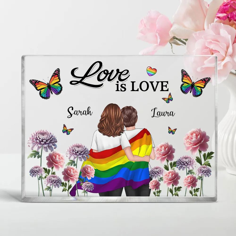 Personalisierte Acryltafel mit Regenbogenmotiv und 2 Figuren bedruckt Geschenk für LGBT Paare