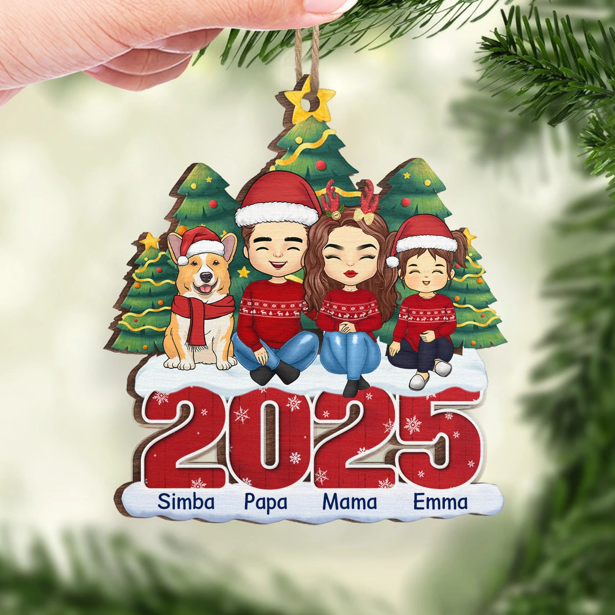 2025 Familie- Personalisierter Holzanhänger Christbaumschmuck mit Eltern, Kinder, Hund und Katze