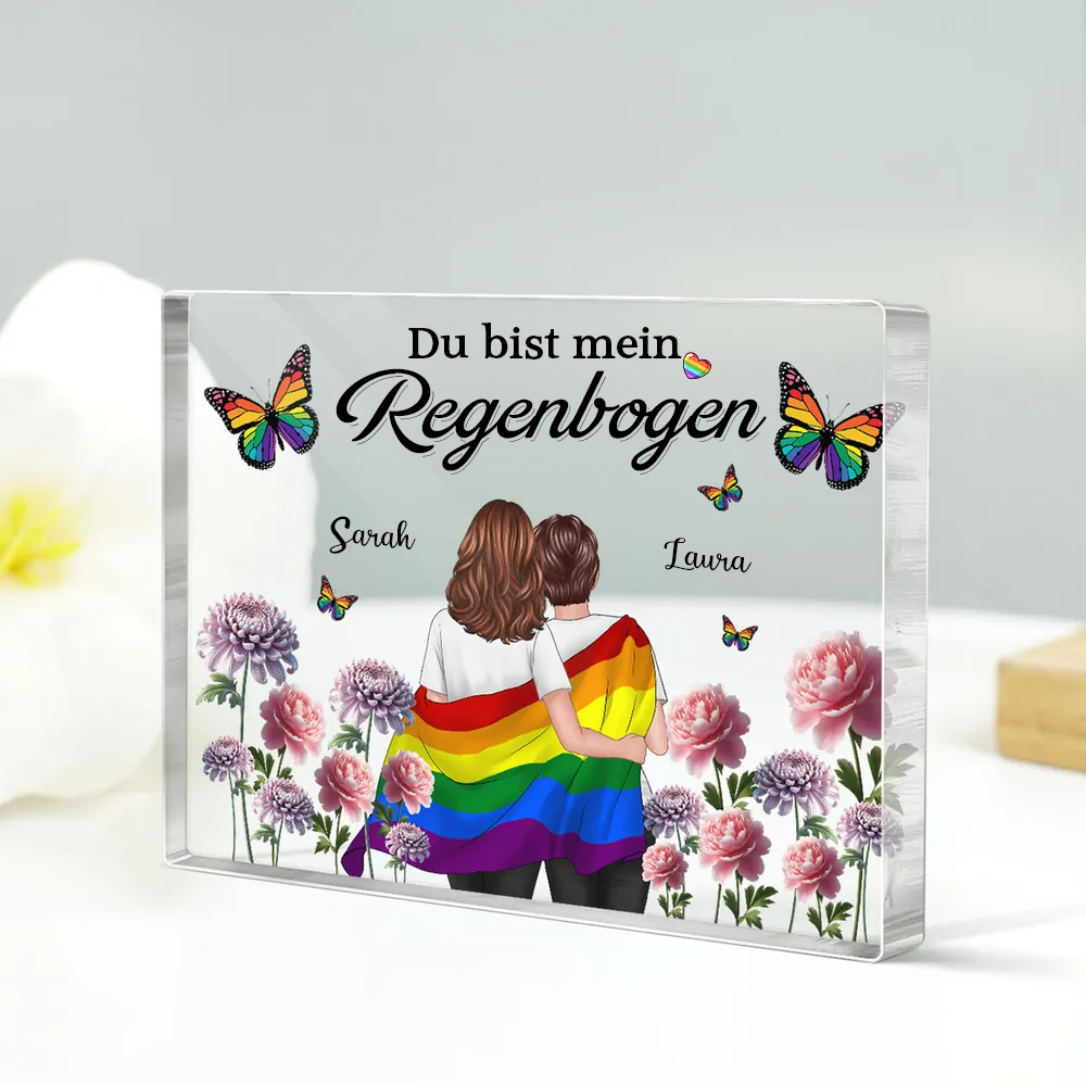 Personalisierte Acryltafel mit Regenbogenmotiv und 2 Figuren bedruckt Geschenk für LGBT Paare