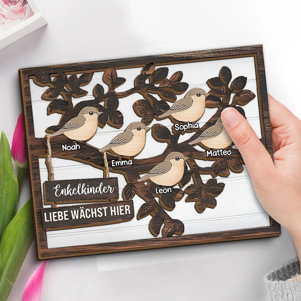 Personalisierte Holzplakette mit Baum und Vögeln Geschenk für Familie