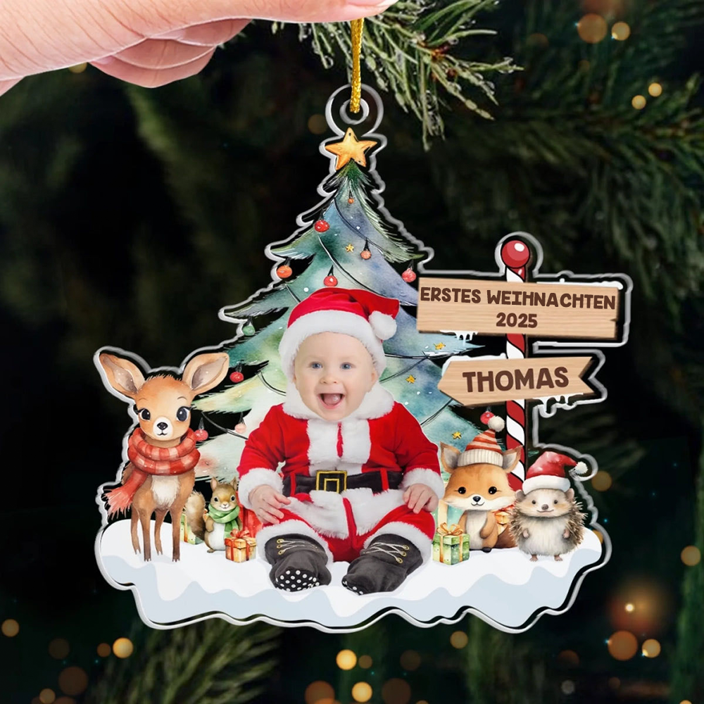 Erstes Weihnachten für Baby Acryl-Foto-Ornament Christbaumanhänger mit Text und Name