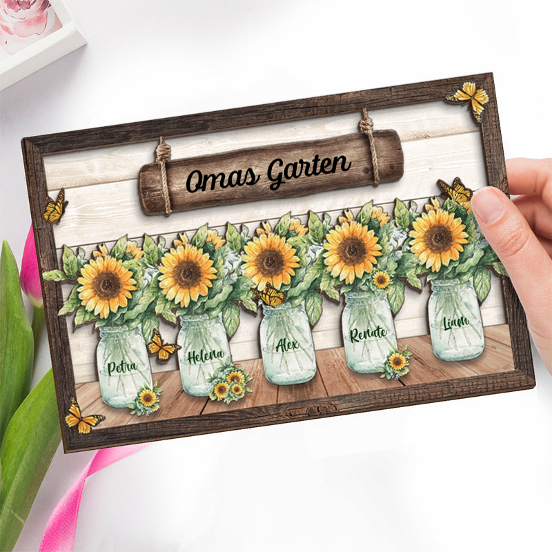 Personalisierte Holztafel mit Vasen für Oma und Mama