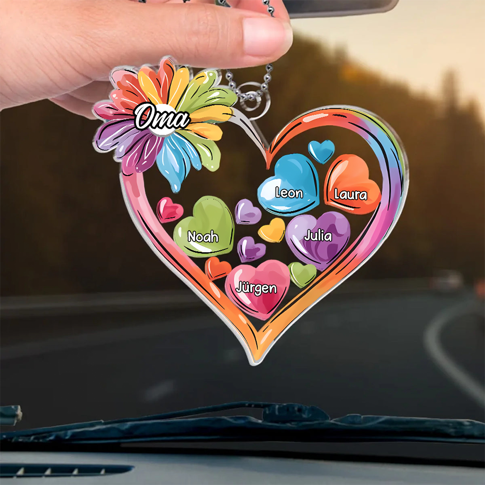 Bunte Herzen-Personalisierter Autoanhänger aus Acryl für Oma und Mama