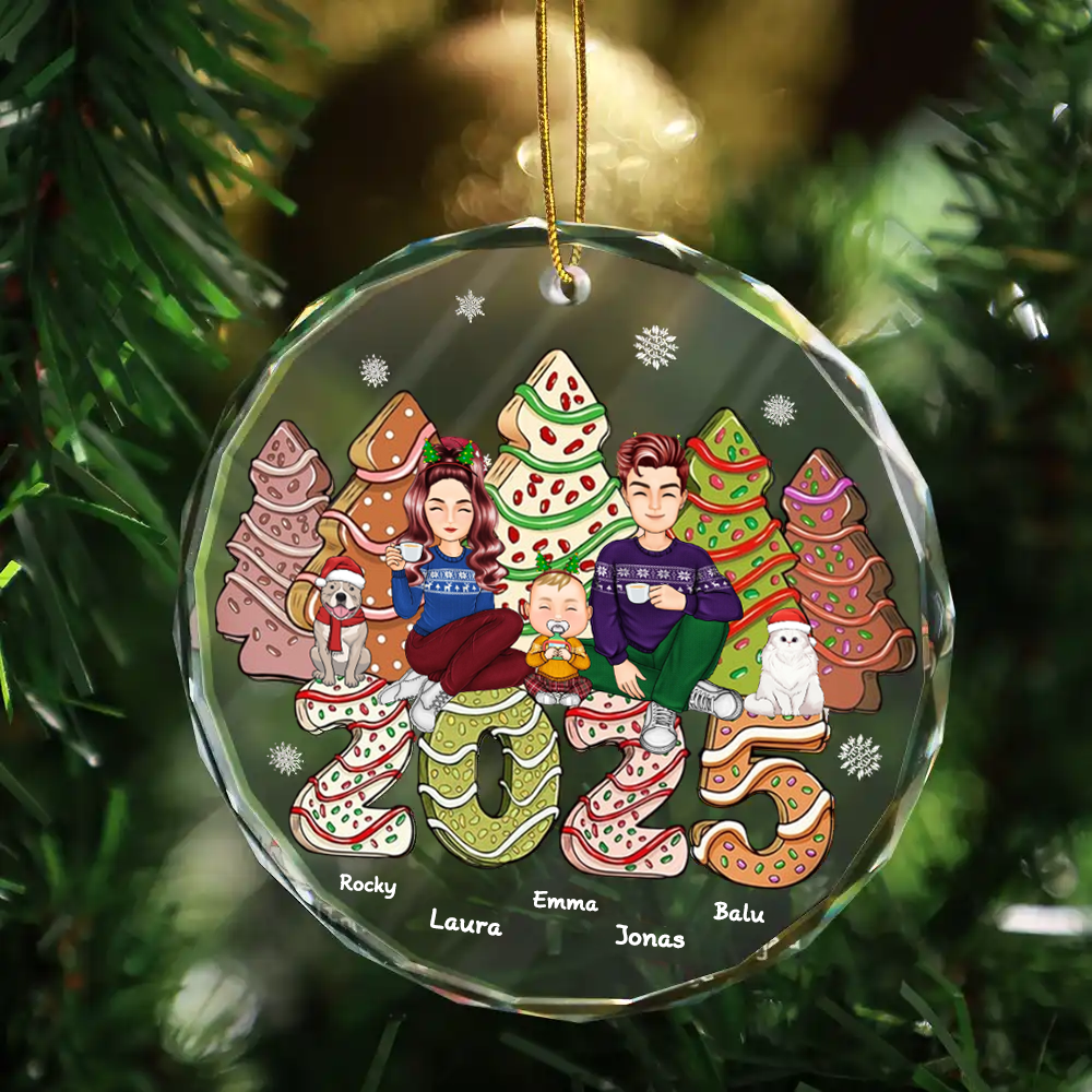 2025 Familie Kuchen & Keksbäume Personalisierter Glasornament Christbaumschmuck mit Eltern, Kinder und Haustiere