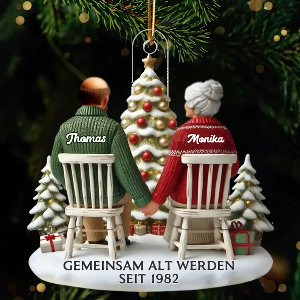 Flacher Acryl-Christbaumanhänger – „Altes Ehepaar“ mit Namen personalisiert