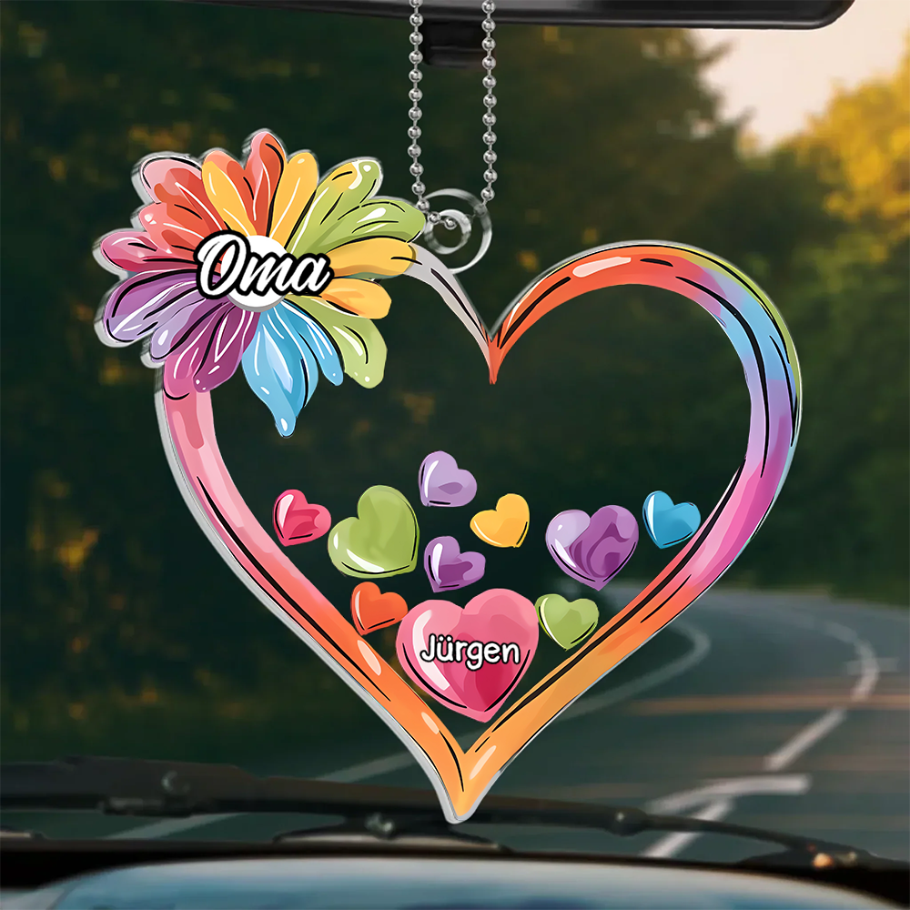 Bunte Herzen-Personalisierter Autoanhänger aus Acryl für Oma und Mama