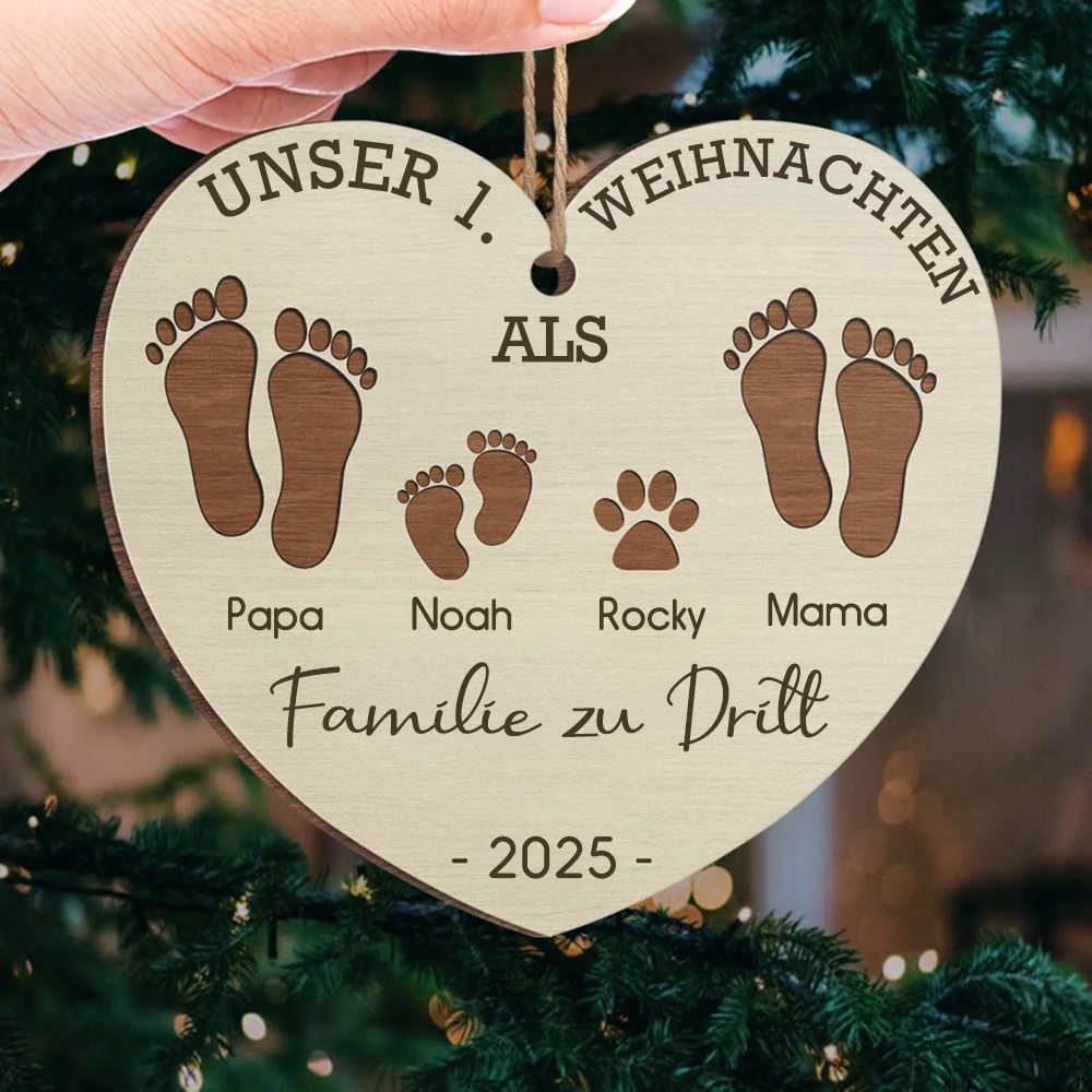 Erstes Weihnachten als Familie zu ... – Personalisiertes Holz-Fußabdruck-Ornament