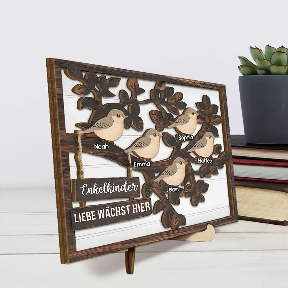 Personalisierte Holzplakette mit Baum und Vögeln Geschenk für Familie