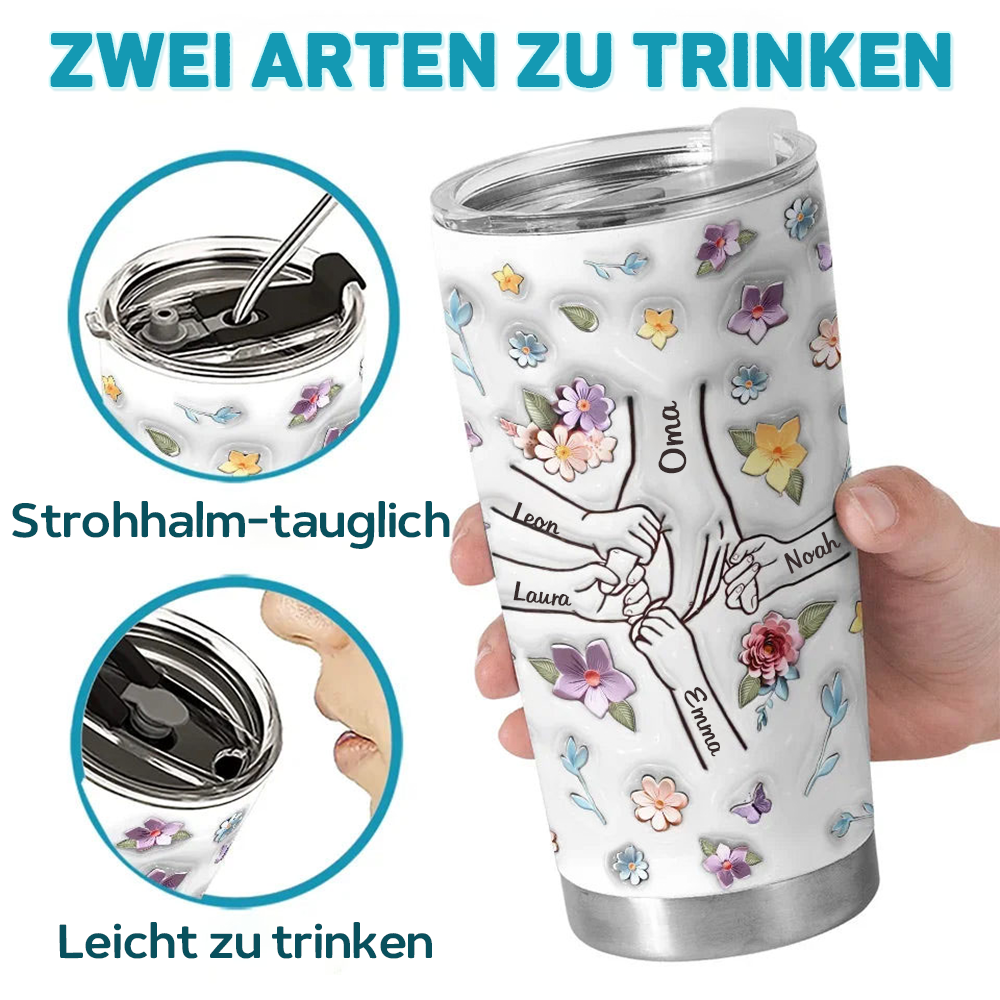 Hand in Hand-Personalisiertes Thermobecher mit Blumenmotiv Geschenk für Oma und Mama
