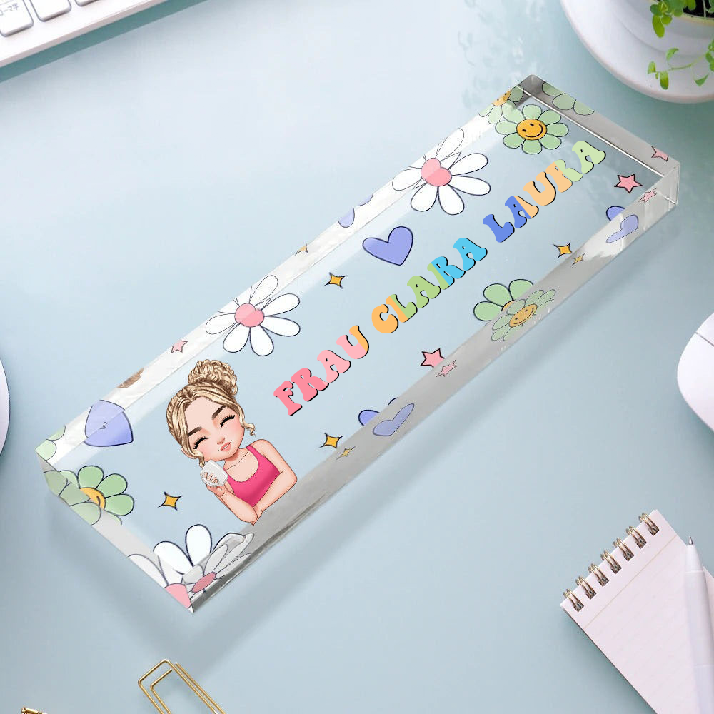 Personalisierte Schreibtisch-Namensplatte für Lehrerin – mit Bleistift-Muster