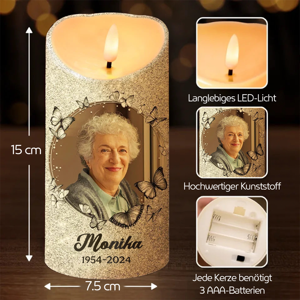 Personalisierte LED-Kerze Trauerkerze mit Schmetterlingen