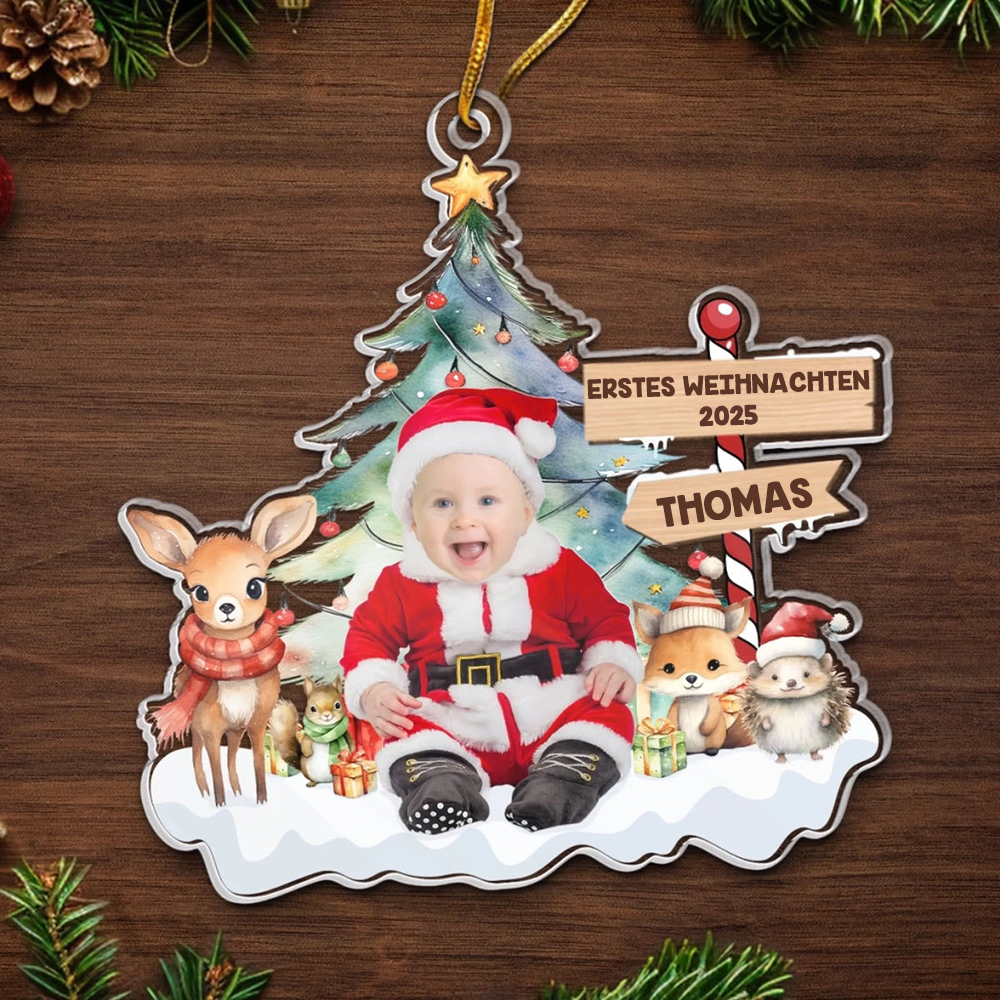 Erstes Weihnachten für Baby Acryl-Foto-Ornament Christbaumanhänger mit Text und Name