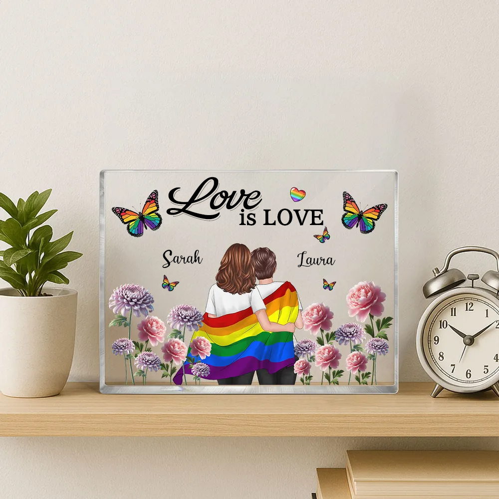 Personalisierte Acryltafel mit Regenbogenmotiv und 2 Figuren bedruckt Geschenk für LGBT Paare