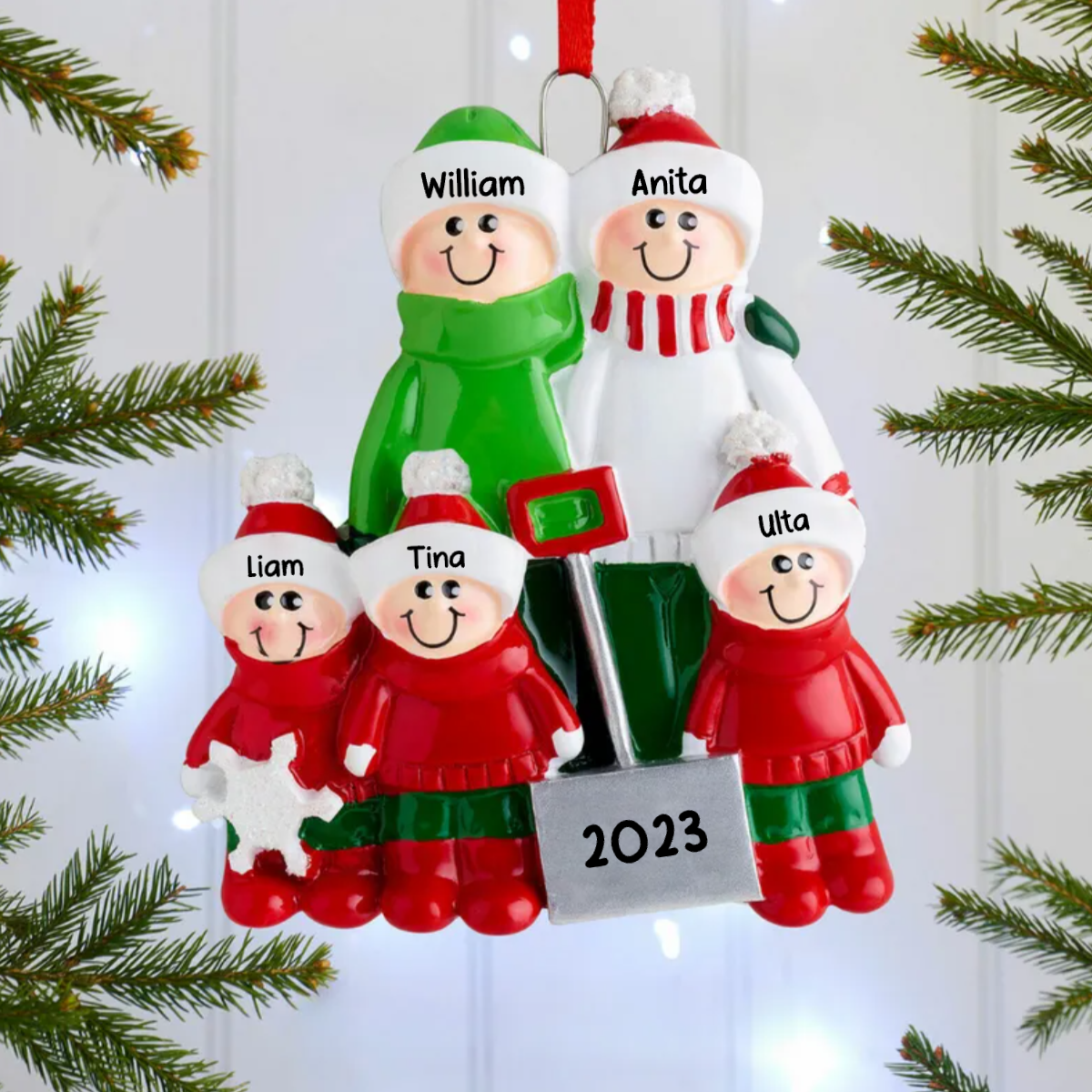 Weihnachtsschmuck Familie Schneeschaufeln mit 2-8 Namen Acrylglasscheibe