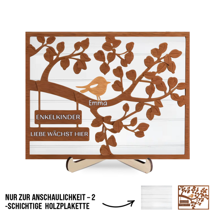 Personalisierte Holztafel mit Baum und Vögeln für Familie und Oma