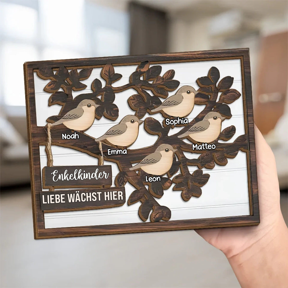 Personalisierte Holzplakette mit Baum und Vögeln Geschenk für Familie